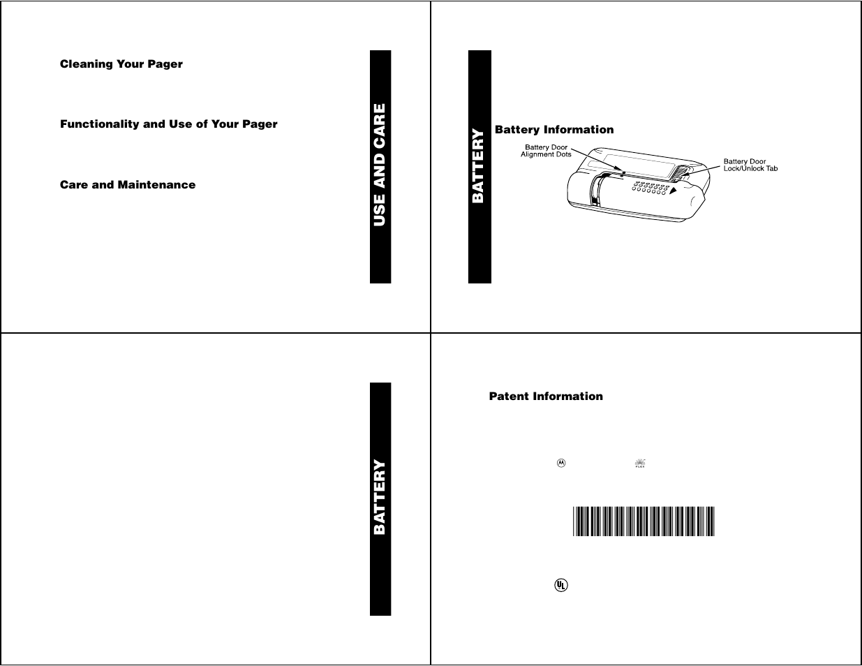 Use and care, Care and maintenance, Battery information | Patent information, Ba tter y | Motorola Jazz User Manual | Page 11 / 12