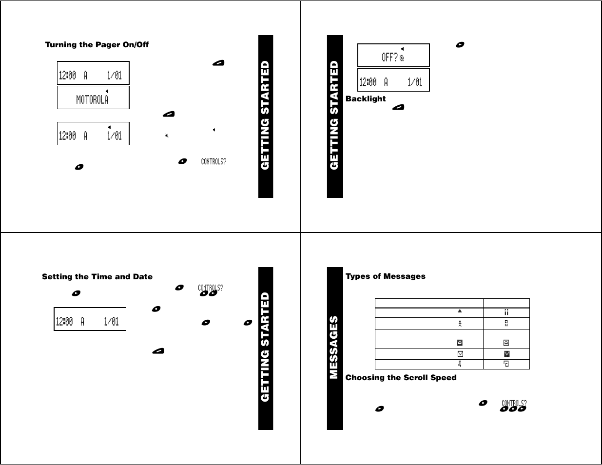 Getting started, Backlight, Setting the time and date | Messages, Types of messages, Choosing the scroll speed, Backlight/ time da te getting star ted, Aler ts getting star ted, Getting star ted | Motorola Jazz User Manual | Page 2 / 12