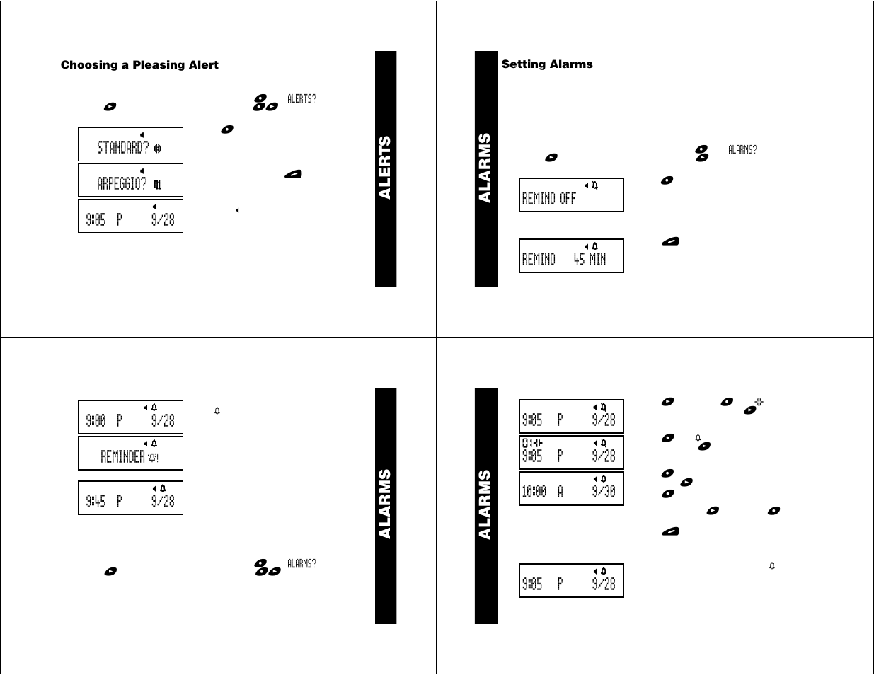 Choosing a pleasing alert, Setting alarms, Aler t s | Alar ms, Travel clock alar ms | Motorola Jazz User Manual | Page 4 / 12