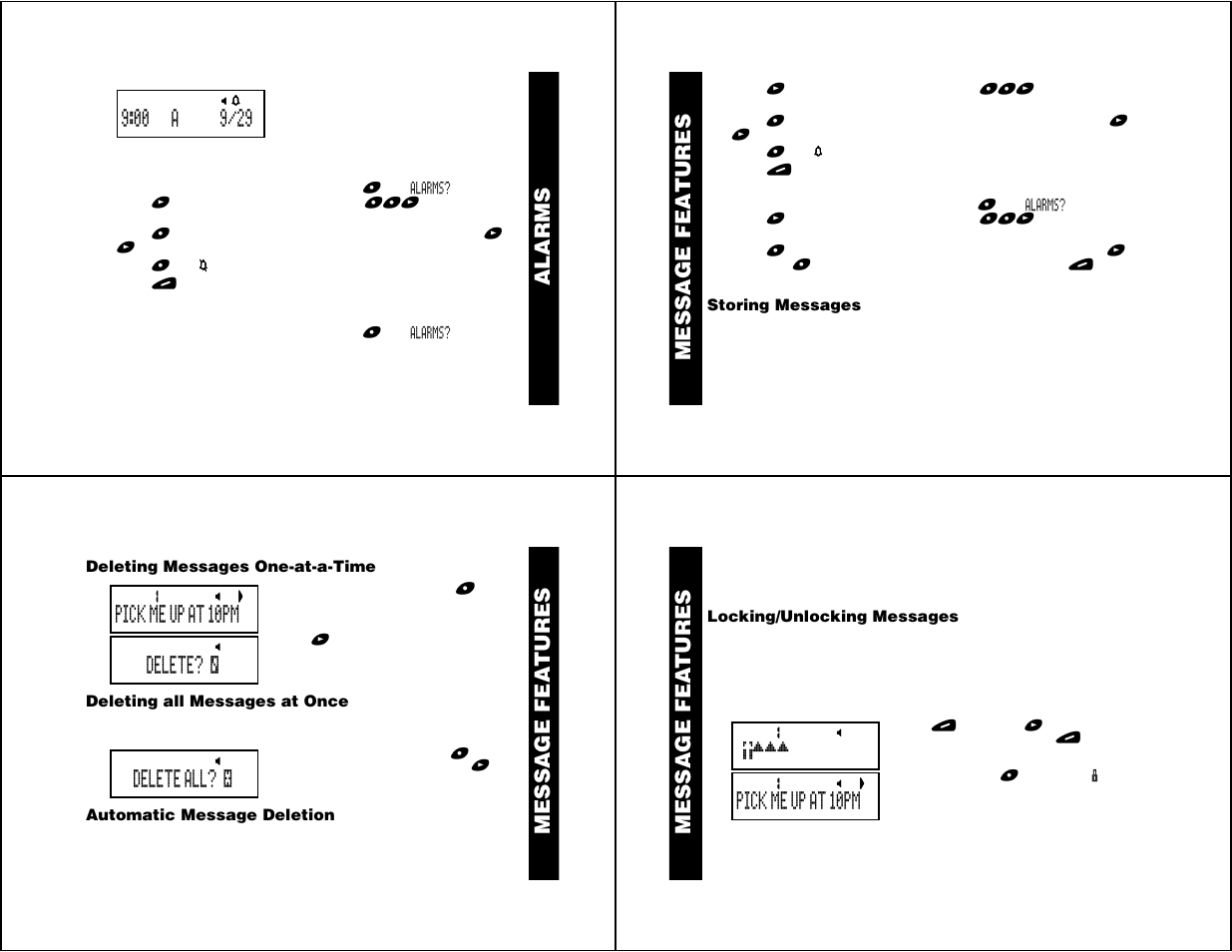 Message features, Storing messages, Deleting messages one-at-a-time | Deleting all messages at once, Automatic message deletion, Locking/unlocking messages, Information services, Phone director y alarms, Message featur es, Message fea tures | Motorola Jazz User Manual | Page 6 / 12