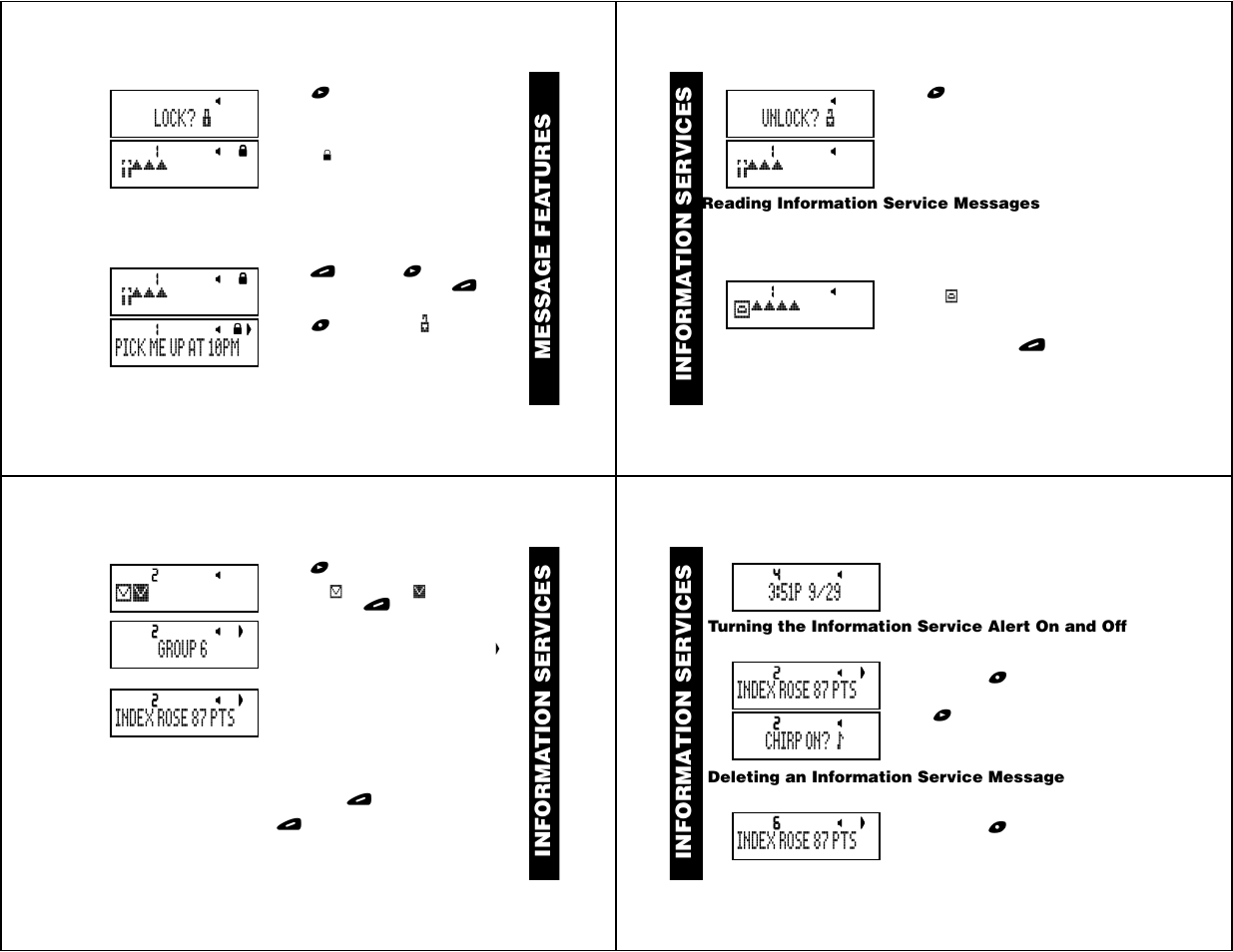 Reading information service messages, Turning the information service alert on and off, Deleting an information service message | Message fea tures, Infor mation ser vices, Informa tion ser vices | Motorola Jazz User Manual | Page 7 / 12