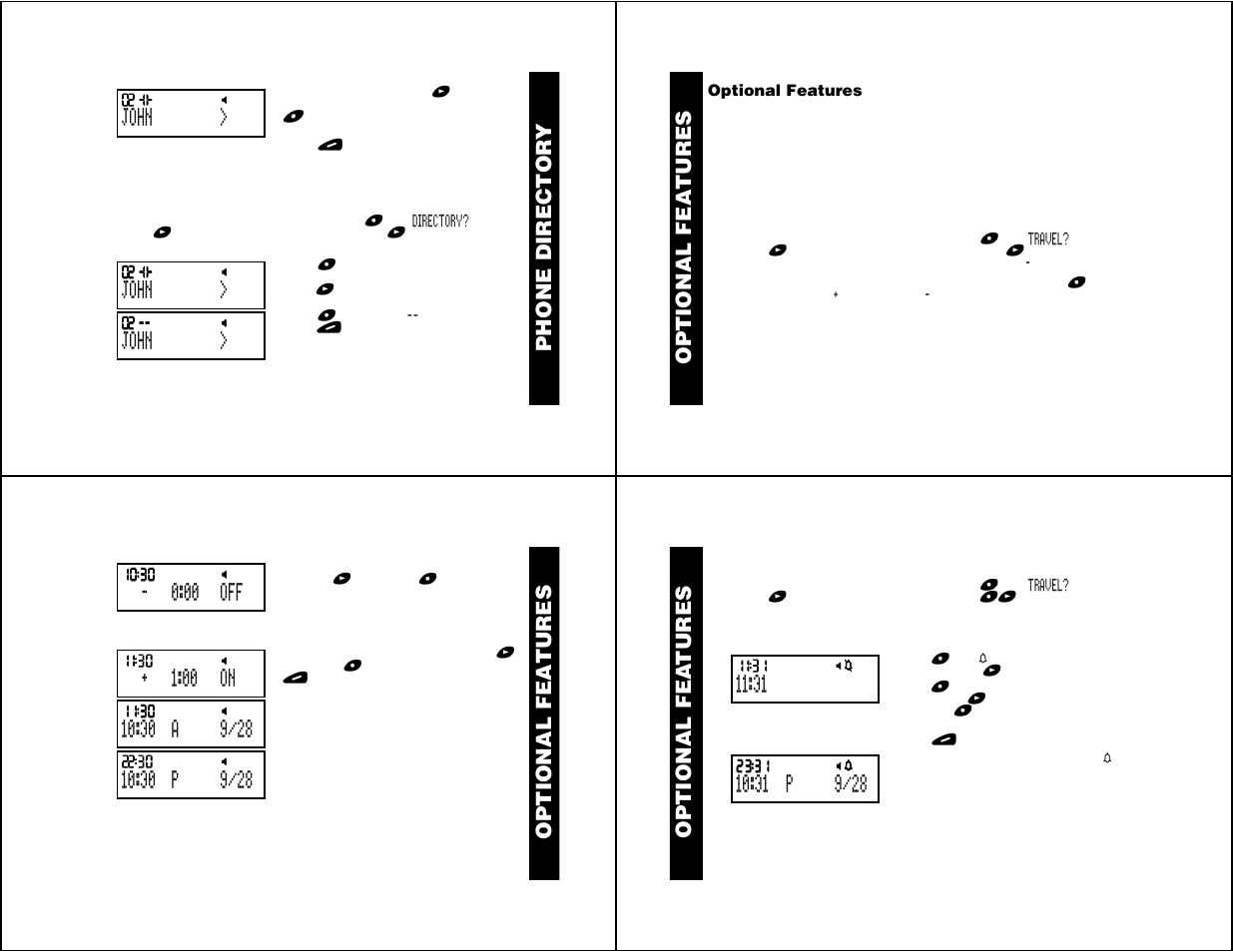 Deleting an entry, Optional features, Setting the travel clock | Setting the travel alarm, Use and car e phone director y, Batter y optional featur es, Patent optional featur es | Motorola Jazz User Manual | Page 9 / 12