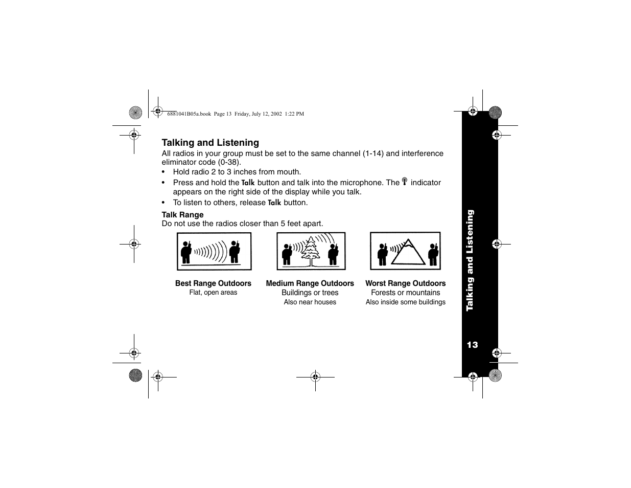Talking and listening, Talk range | Motorola 2 Way FRS Radio User Manual | Page 19 / 44