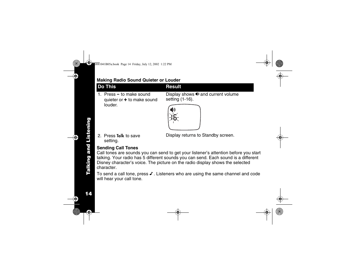 Making radio sound quieter or louder, Sending call tones | Motorola 2 Way FRS Radio User Manual | Page 20 / 44