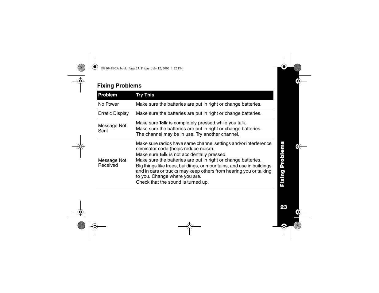 Fixing problems | Motorola 2 Way FRS Radio User Manual | Page 29 / 44