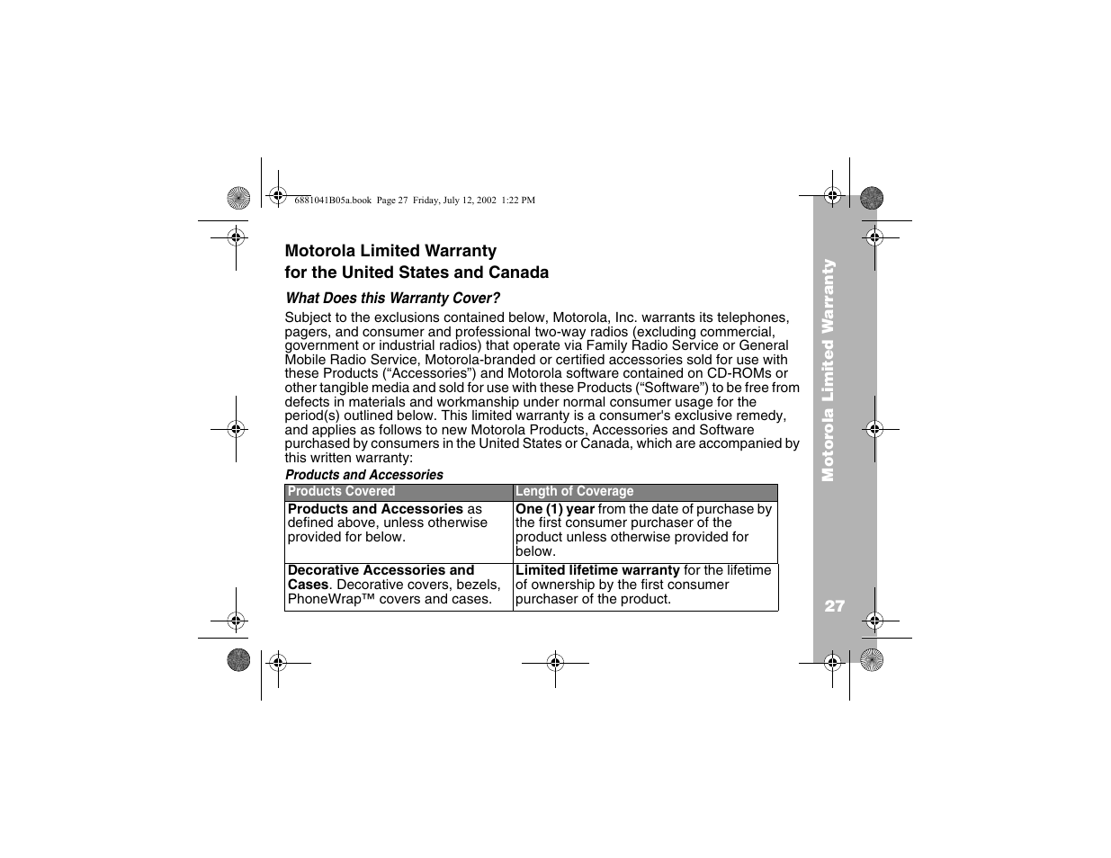 Motorola limited warranty, What does this warranty cover | Motorola 2 Way FRS Radio User Manual | Page 33 / 44