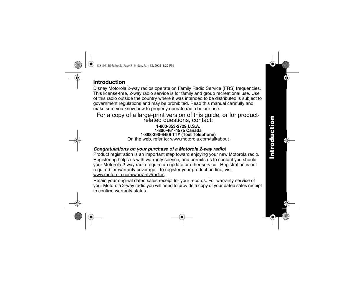 Introduction, Intr oduction | Motorola 2 Way FRS Radio User Manual | Page 5 / 44