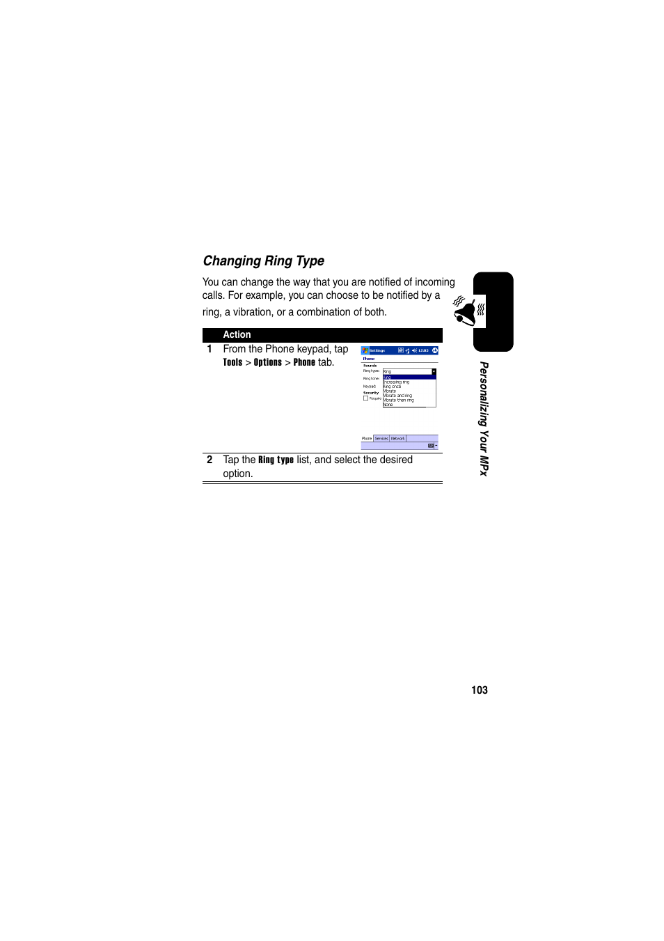 Changing ring type | Motorola GKRMPX001 User Manual | Page 106 / 192