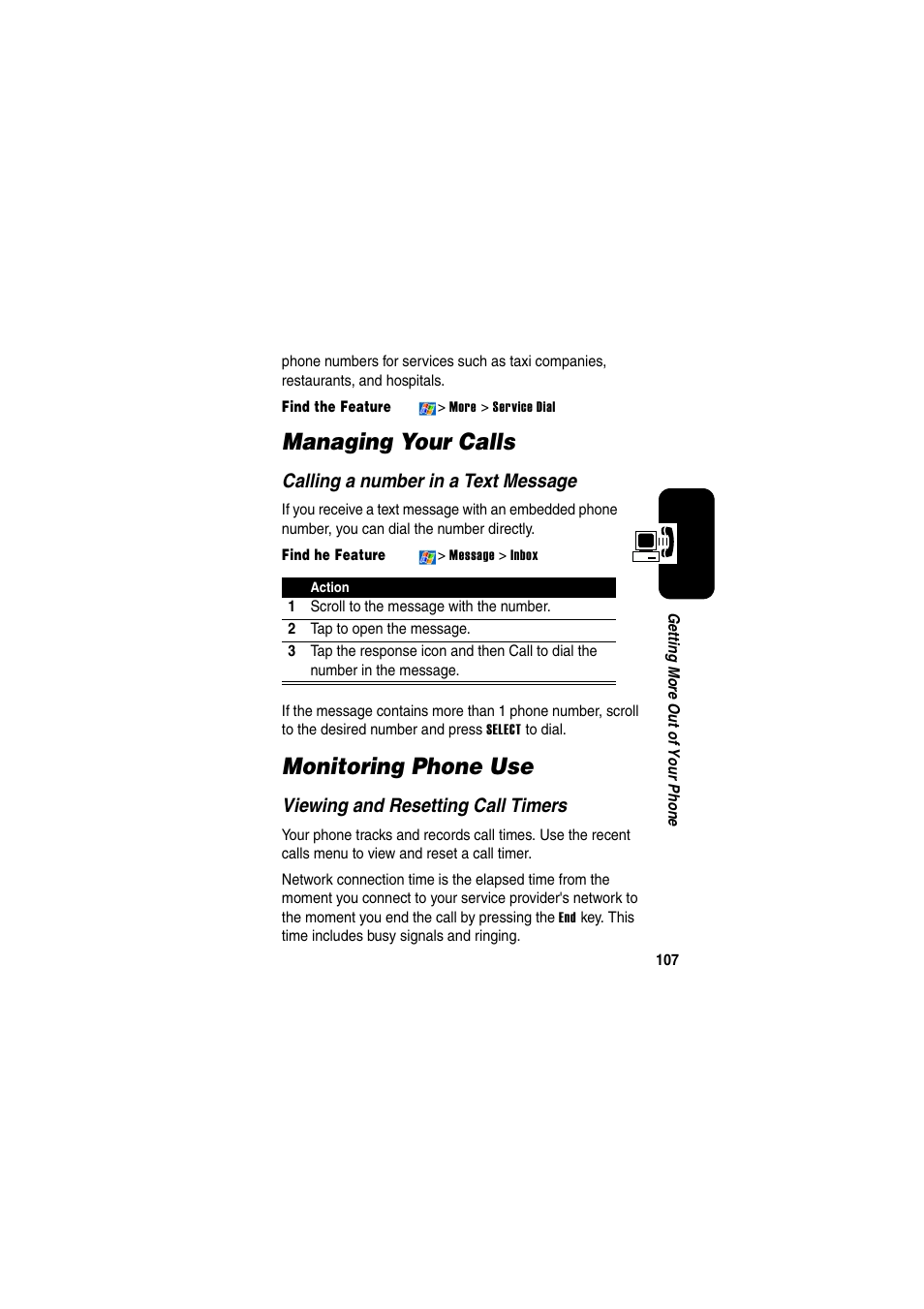 Managing your calls, Monitoring phone use, Calling a number in a text message | Viewing and resetting call timers | Motorola GKRMPX001 User Manual | Page 110 / 192