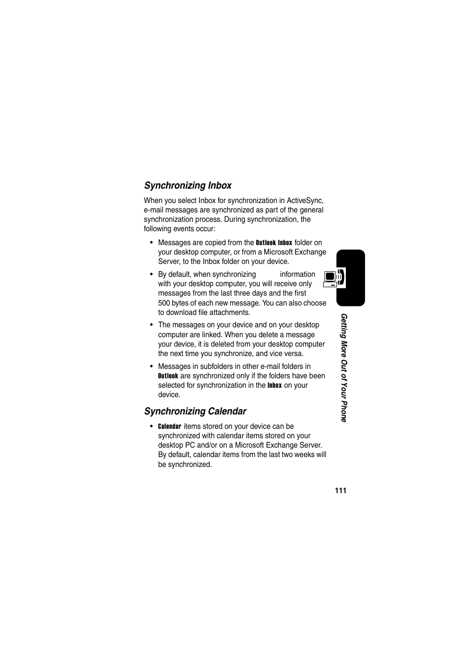 Synchronizing inbox, Synchronizing calendar | Motorola GKRMPX001 User Manual | Page 114 / 192