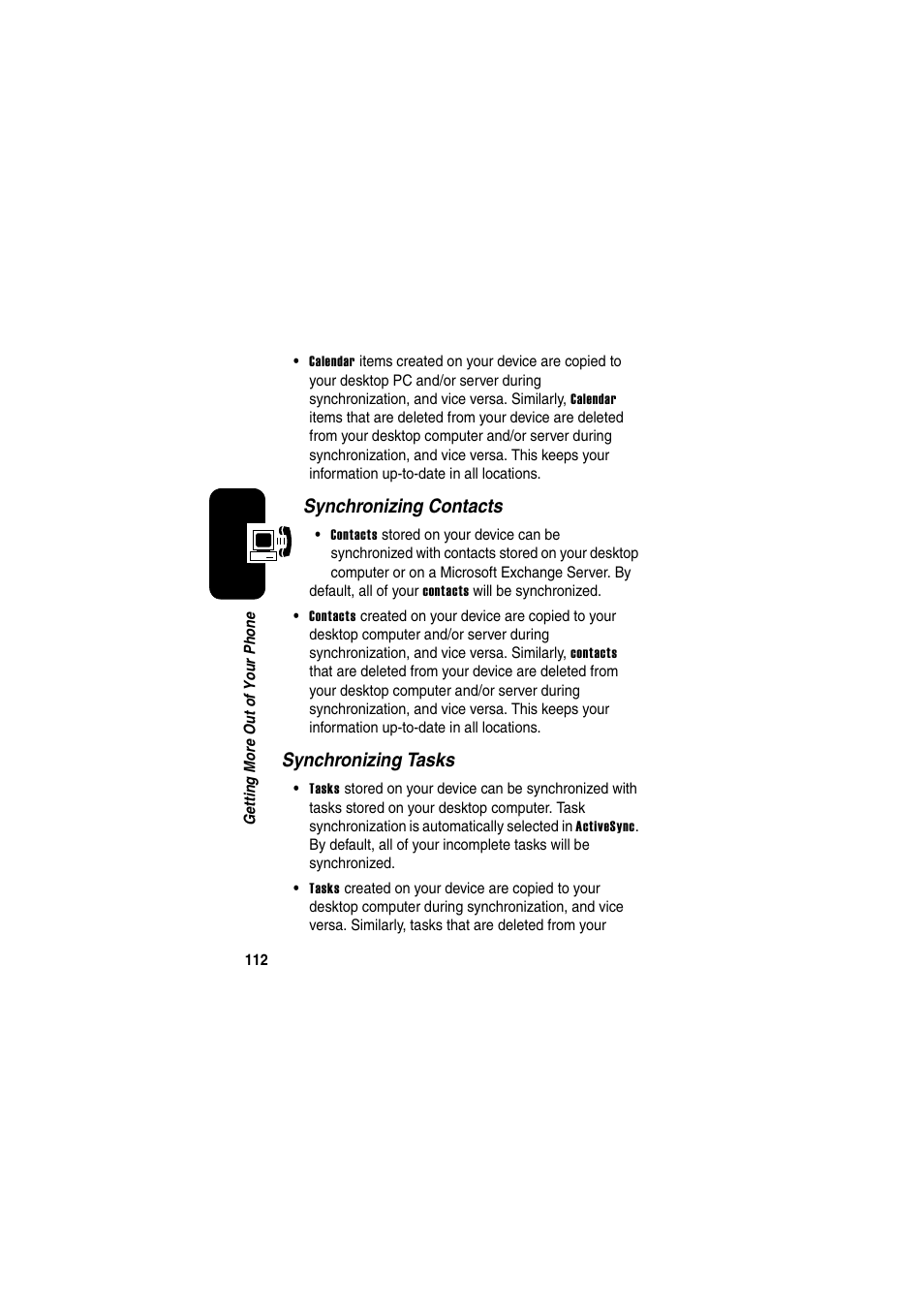 Synchronizing contacts, Synchronizing tasks | Motorola GKRMPX001 User Manual | Page 115 / 192