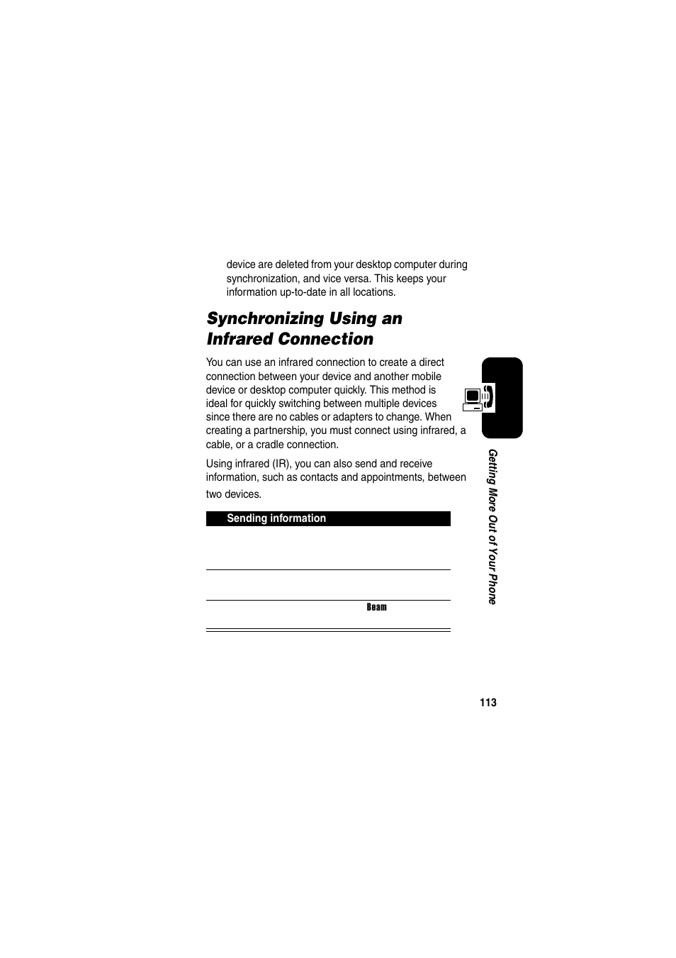 Synchronizing using an infrared connection | Motorola GKRMPX001 User Manual | Page 116 / 192