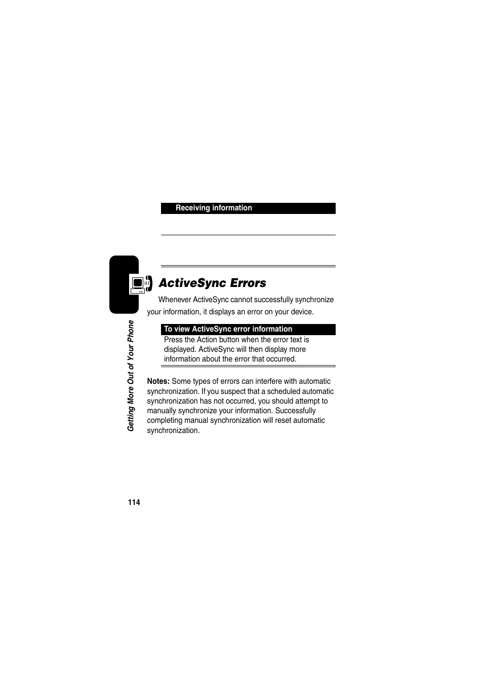 Activesync errors | Motorola GKRMPX001 User Manual | Page 117 / 192