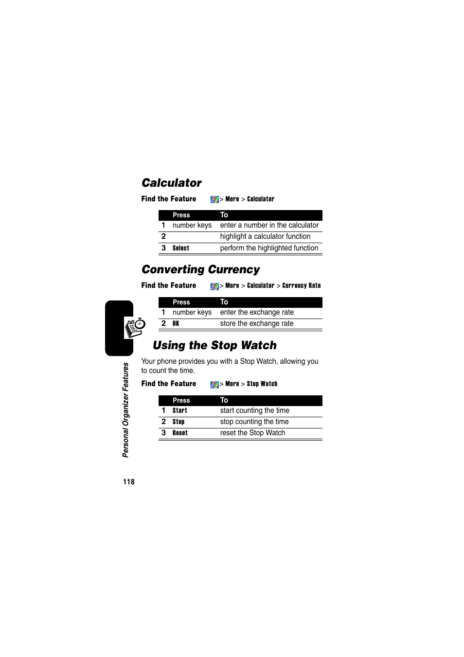 Calculator, Converting currency, Using the stop watch | Motorola GKRMPX001 User Manual | Page 121 / 192