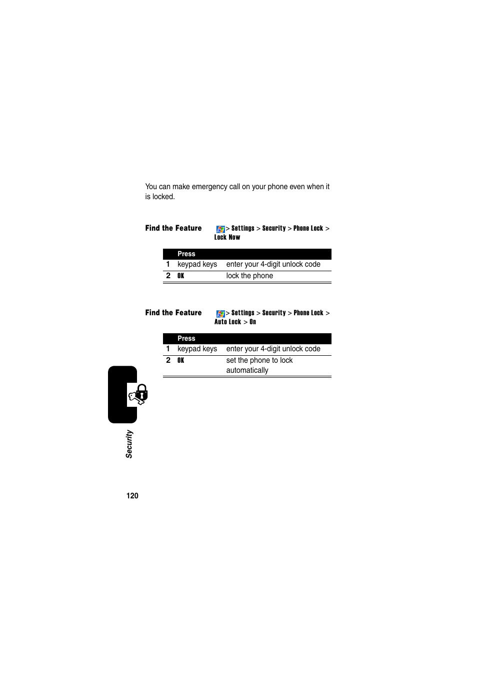 Lock your phone manually, Set your phone to lock automatically | Motorola GKRMPX001 User Manual | Page 123 / 192