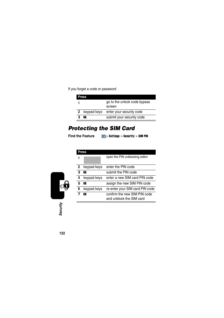 Protecting the sim card, Unlock the sim card pin code | Motorola GKRMPX001 User Manual | Page 125 / 192
