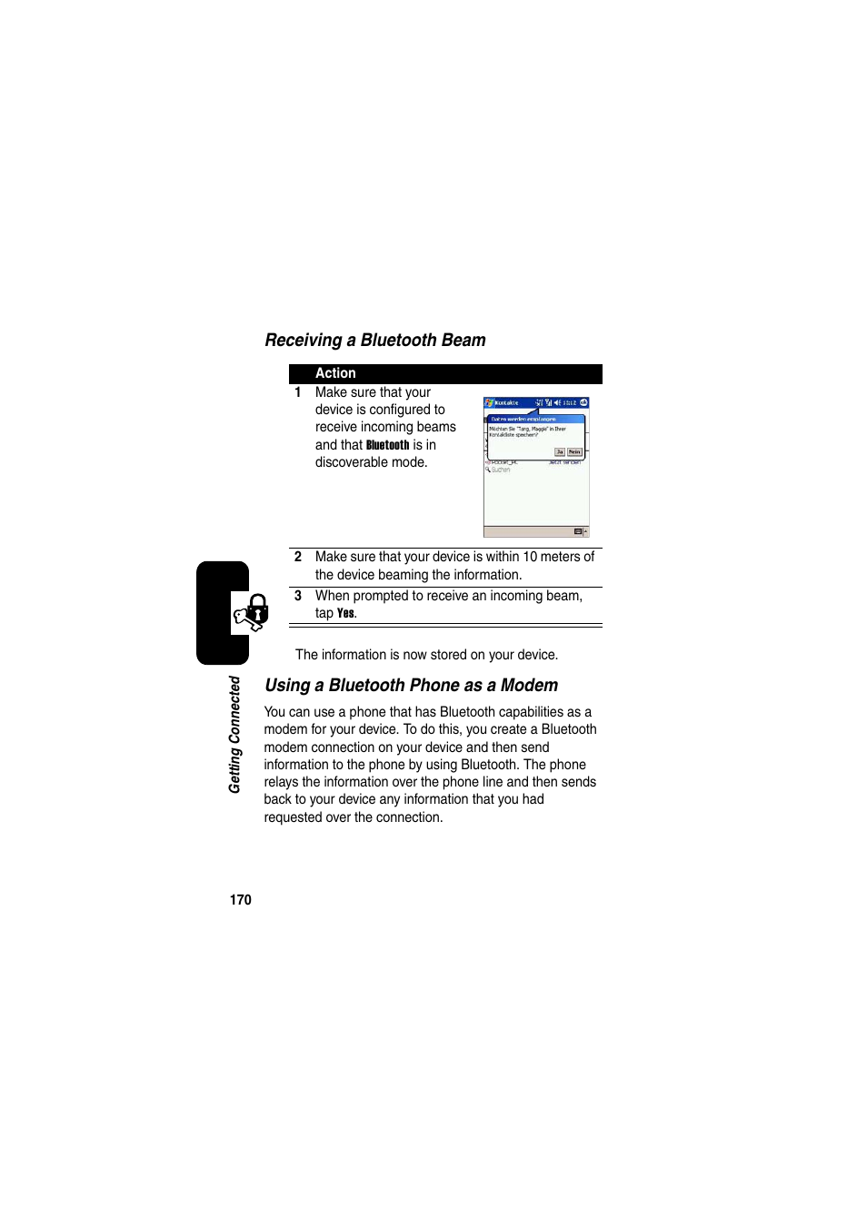 Receiving a bluetooth beam, Using a bluetooth phone as a modem | Motorola GKRMPX001 User Manual | Page 173 / 192