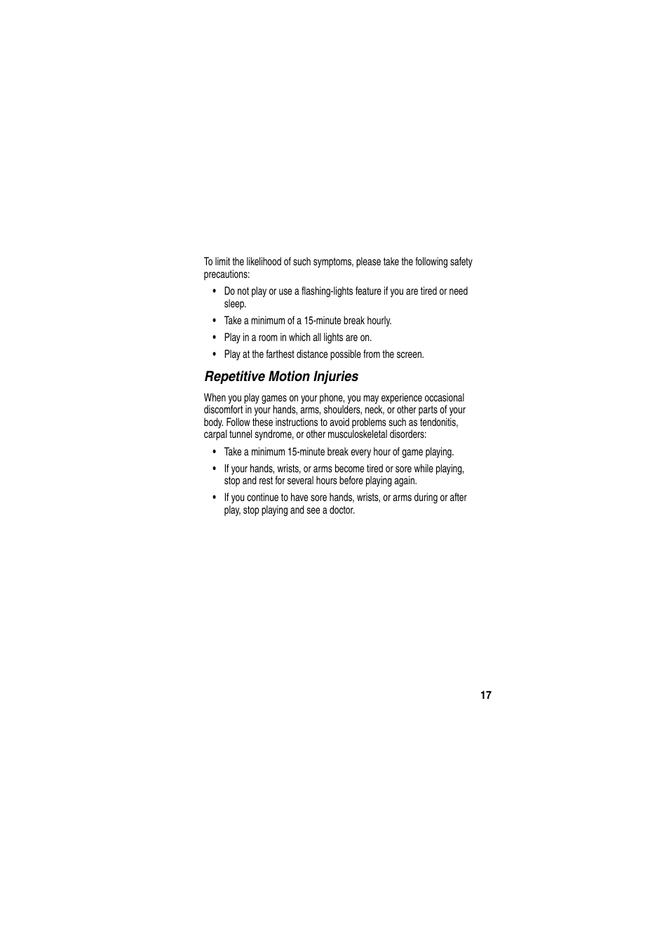 Repetitive motion injuries | Motorola GKRMPX001 User Manual | Page 20 / 192