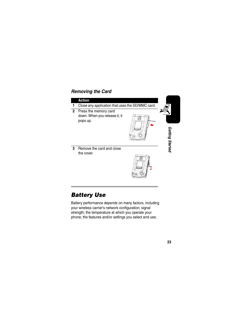 Battery use, Removing the card | Motorola GKRMPX001 User Manual | Page 26 / 192