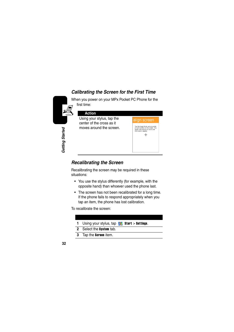 Calibrating the screen for the first time, Recalibrating the screen | Motorola GKRMPX001 User Manual | Page 35 / 192