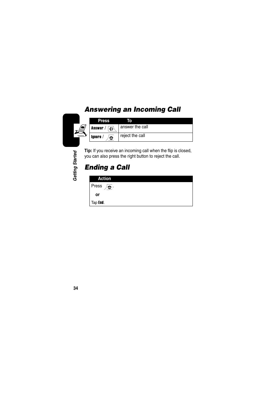 Answering an incoming call, Ending a call | Motorola GKRMPX001 User Manual | Page 37 / 192