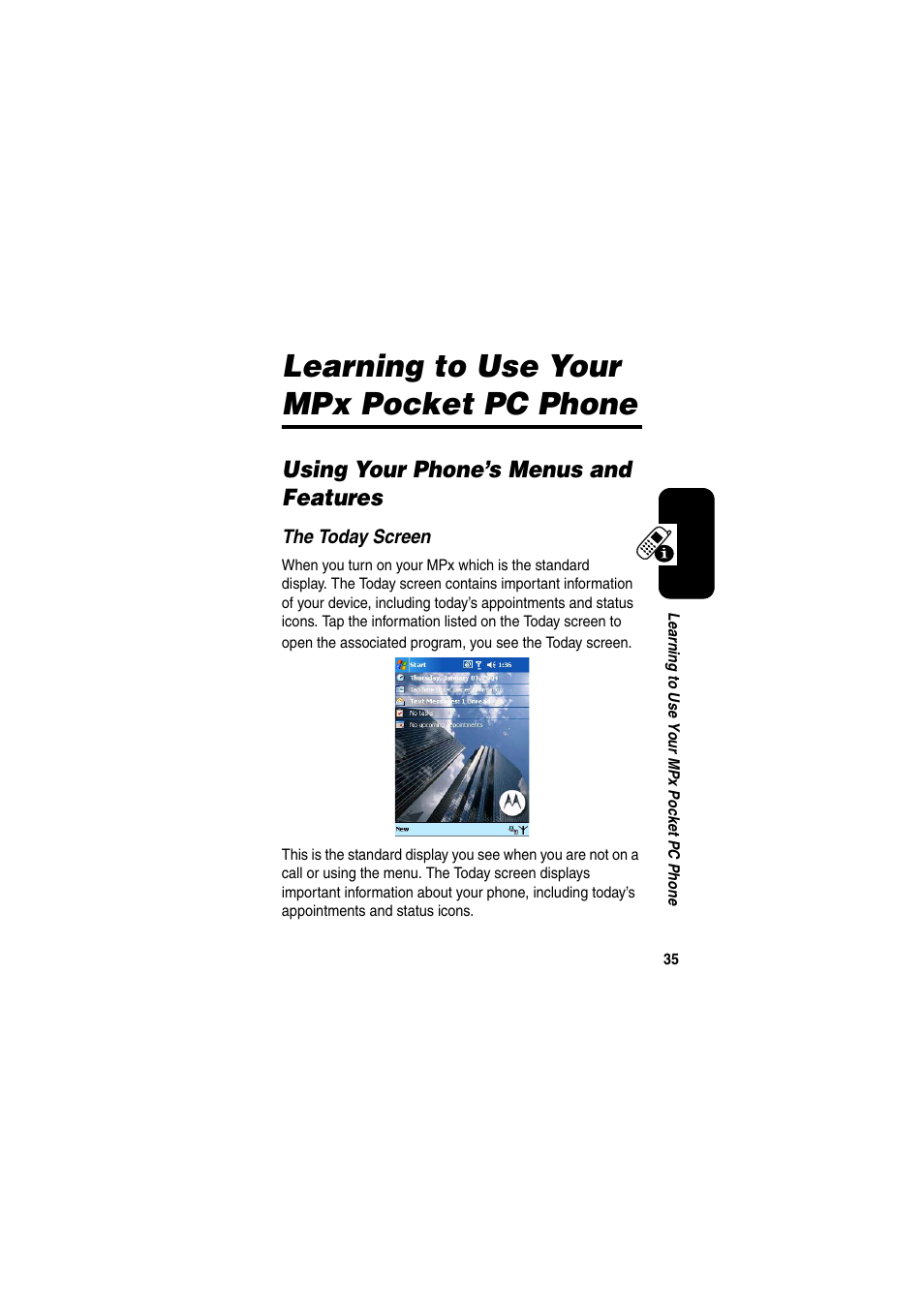 Learning to use your mpx pocket pc phone, Using your phone’s menus and features | Motorola GKRMPX001 User Manual | Page 38 / 192