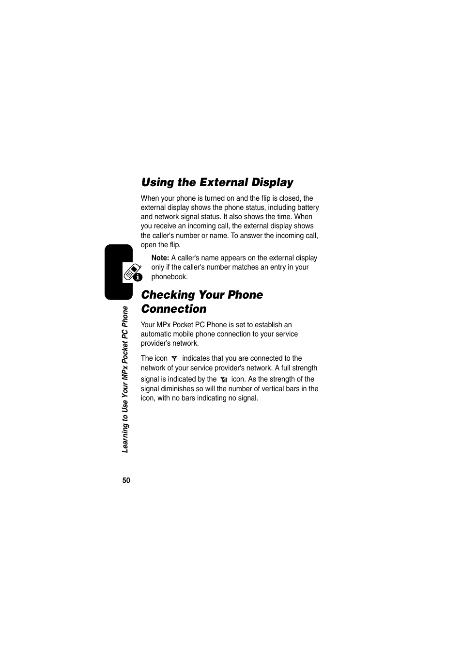 Using the external display, Checking your phone connection | Motorola GKRMPX001 User Manual | Page 53 / 192