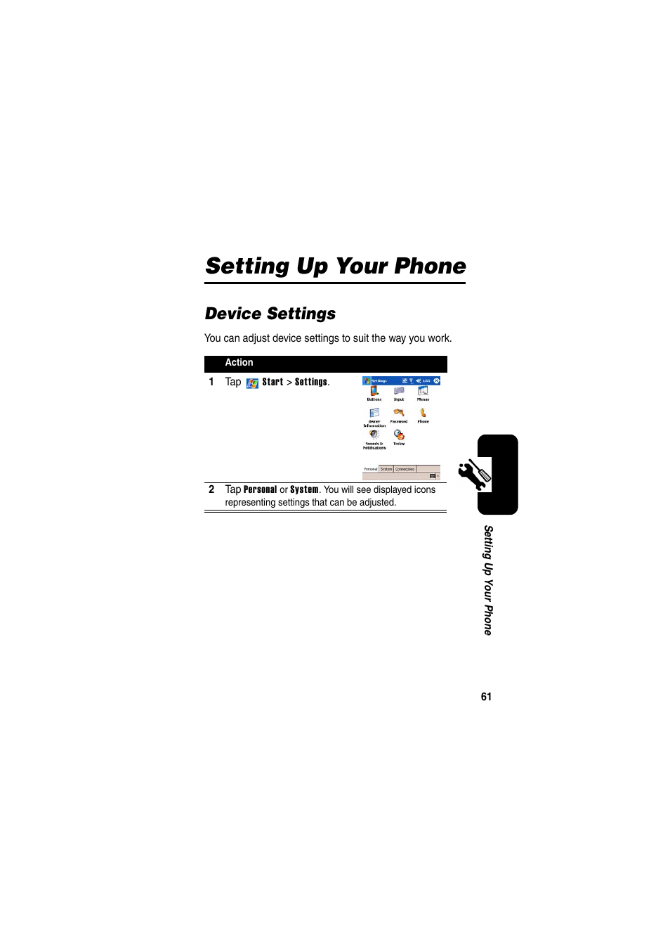 Setting up your phone, Device settings | Motorola GKRMPX001 User Manual | Page 64 / 192