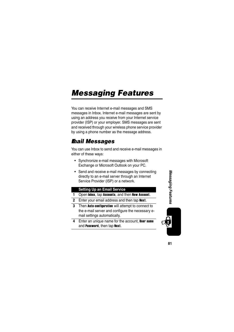 Messaging features, Email messages | Motorola GKRMPX001 User Manual | Page 84 / 192