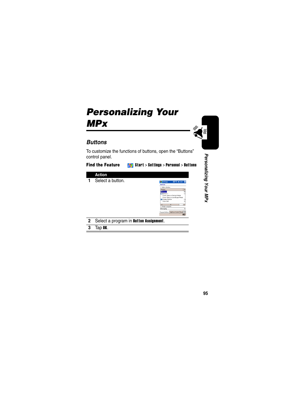 Personalizing your mpx, Buttons | Motorola GKRMPX001 User Manual | Page 98 / 192