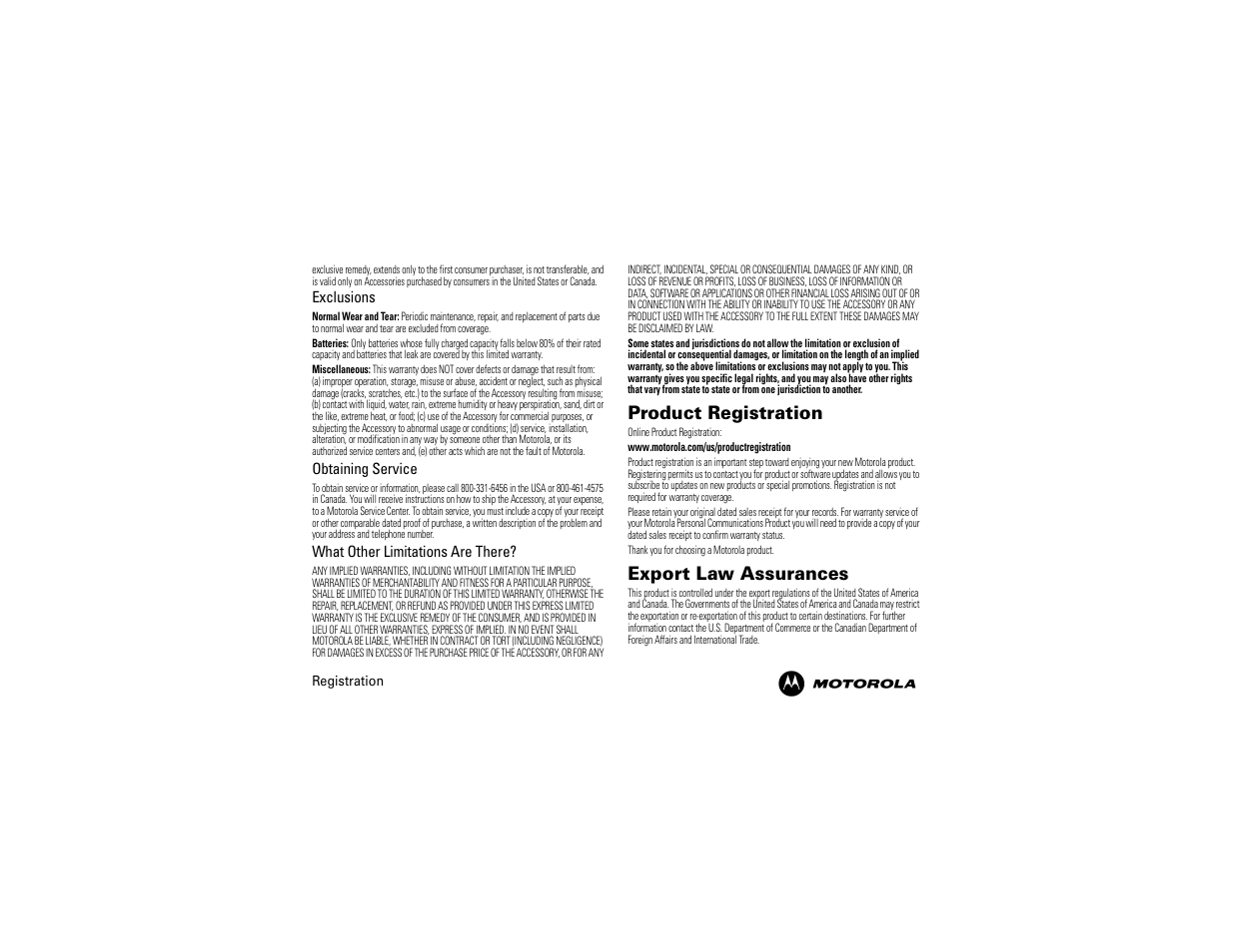 Product registration, Export law assurances | Motorola 68014600001-A User Manual | Page 10 / 40