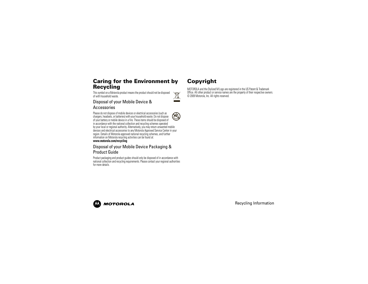 Caring for the environment by recycling, Copyright | Motorola 68014600001-A User Manual | Page 11 / 40