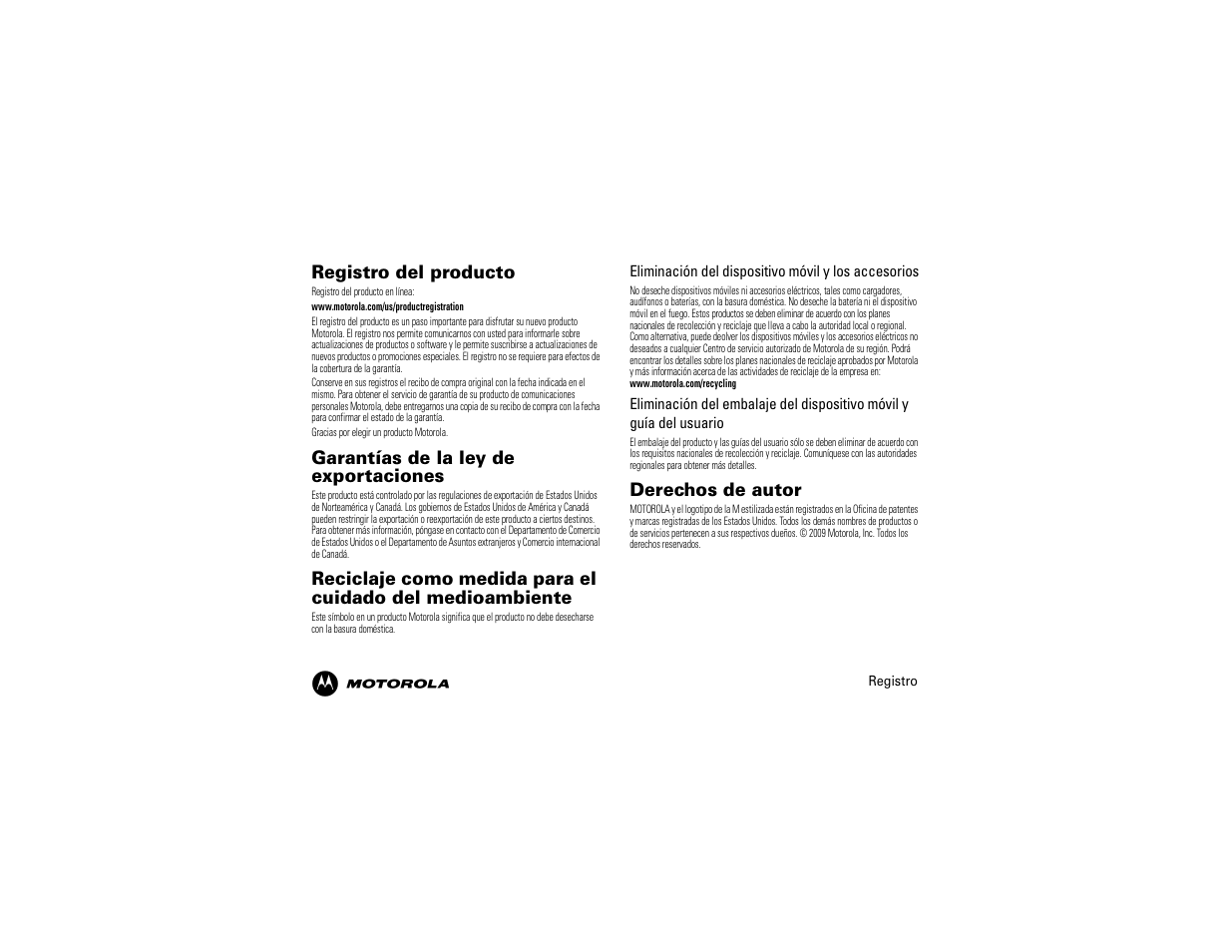Registro del producto, Garantías de la ley de exportaciones, Derechos de autor | Motorola 68014600001-A User Manual | Page 25 / 40