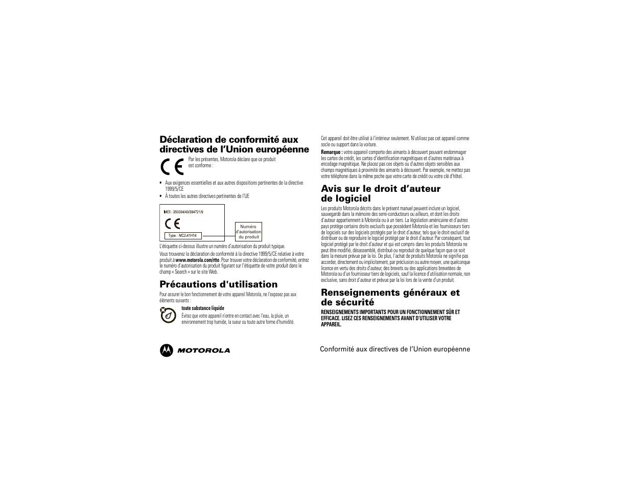 Précautions d'utilisation, Avis sur le droit d’auteur de logiciel, Renseignements généraux et de sécurité | Motorola 68014600001-A User Manual | Page 33 / 40