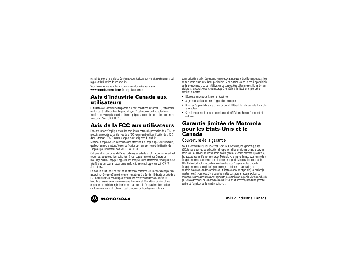 Avis d’industrie canada aux utilisateurs, Avis de la fcc aux utilisateurs | Motorola 68014600001-A User Manual | Page 35 / 40