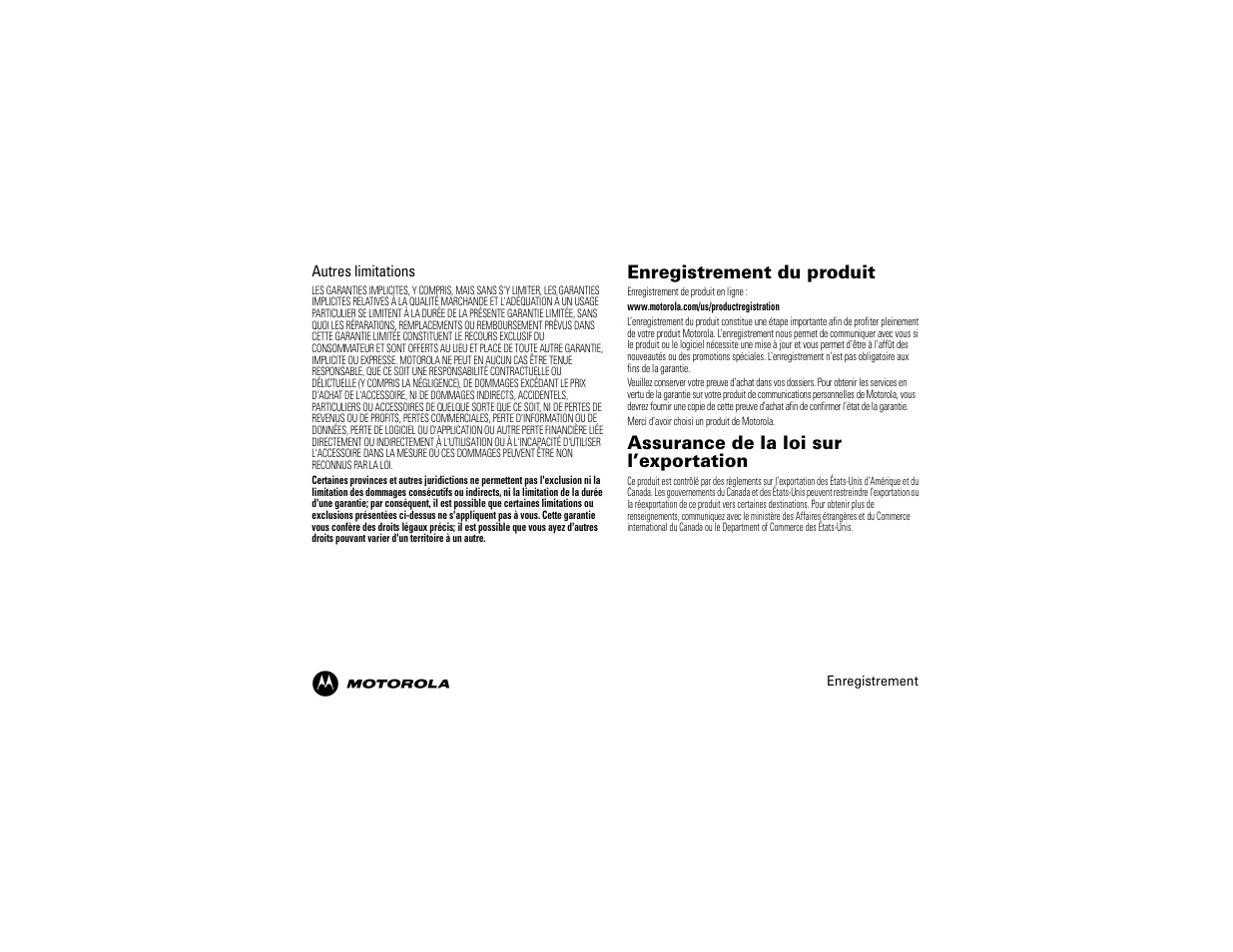 Enregistrement du produit, Assurance de la loi sur l’exportation | Motorola 68014600001-A User Manual | Page 39 / 40