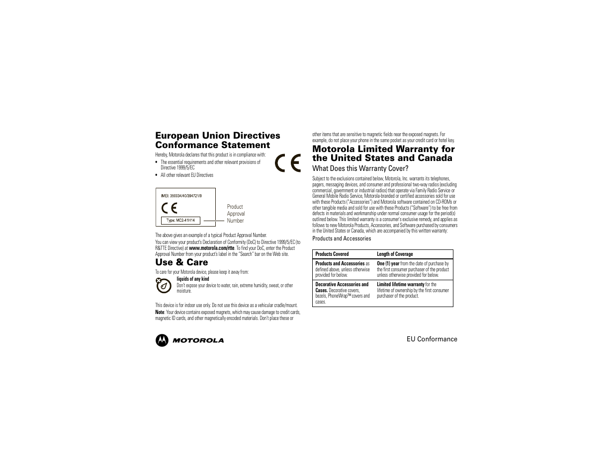 European union directives conformance statement, Use & care | Motorola 68014600001-A User Manual | Page 7 / 40