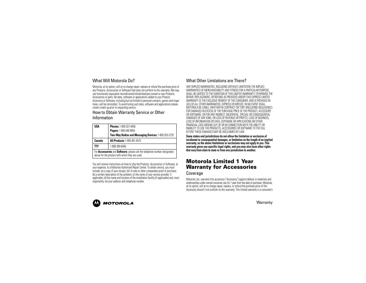 Motorola limited 1 year warranty for accessories | Motorola 68014600001-A User Manual | Page 9 / 40