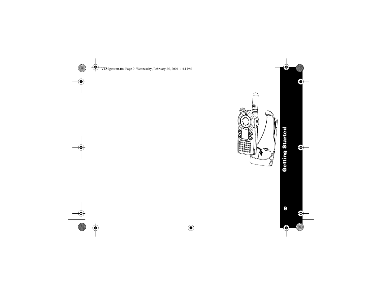Getting started, Installing the swivel belt holster | Motorola VL50 User Manual | Page 10 / 53