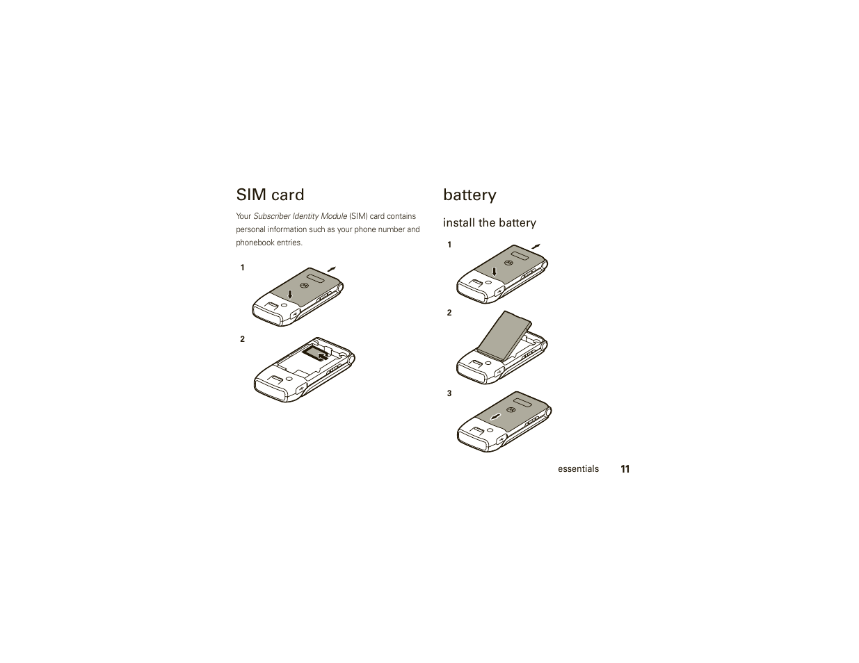 Sim card, Battery | Motorola W377G User Manual | Page 13 / 88