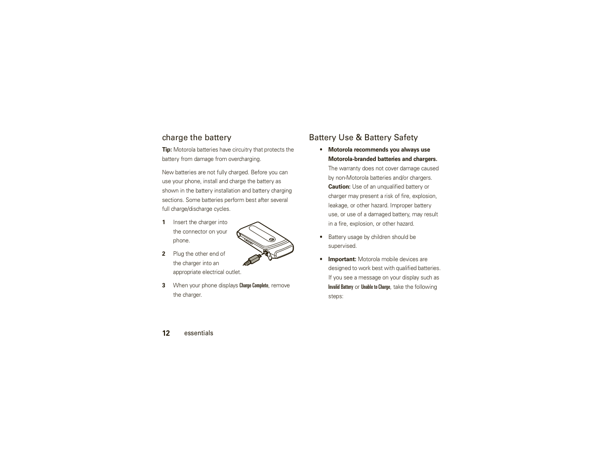 Charge the battery, Battery use & battery safety | Motorola W377G User Manual | Page 14 / 88