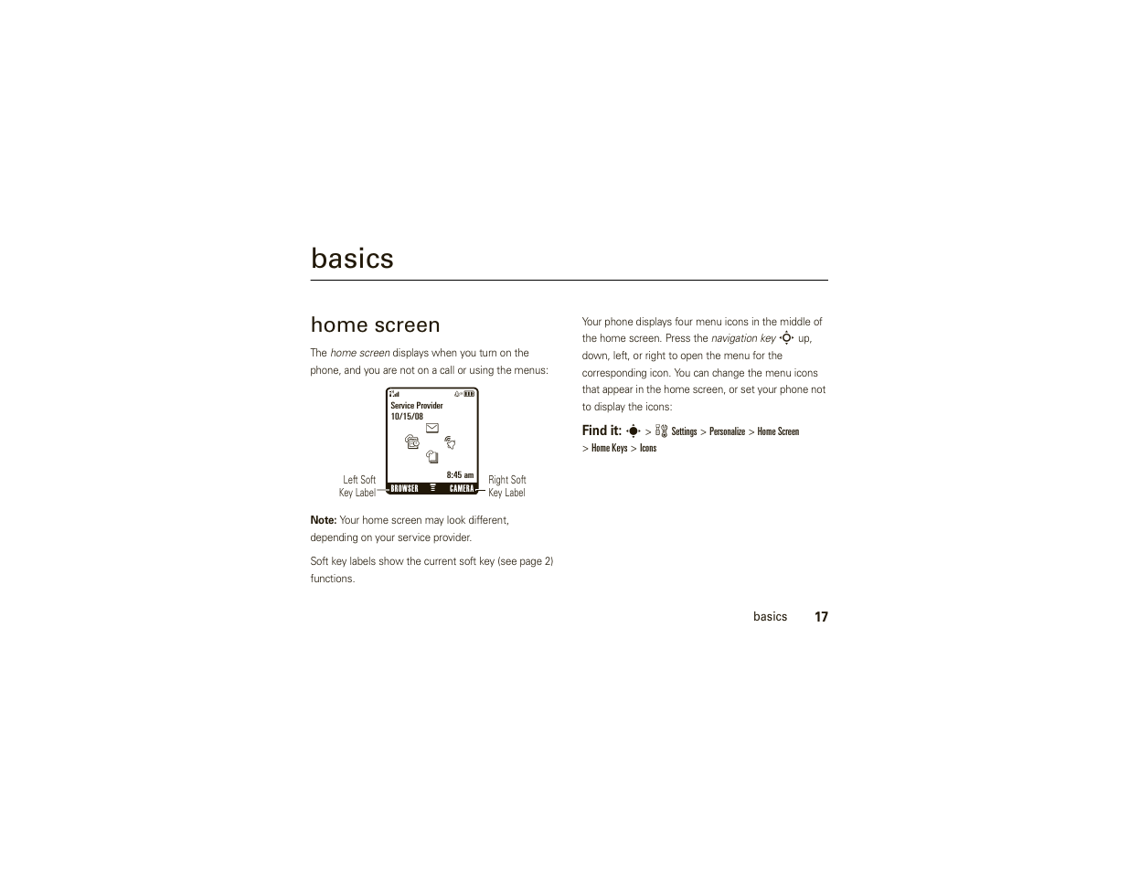 Basics, Home screen | Motorola W377G User Manual | Page 19 / 88