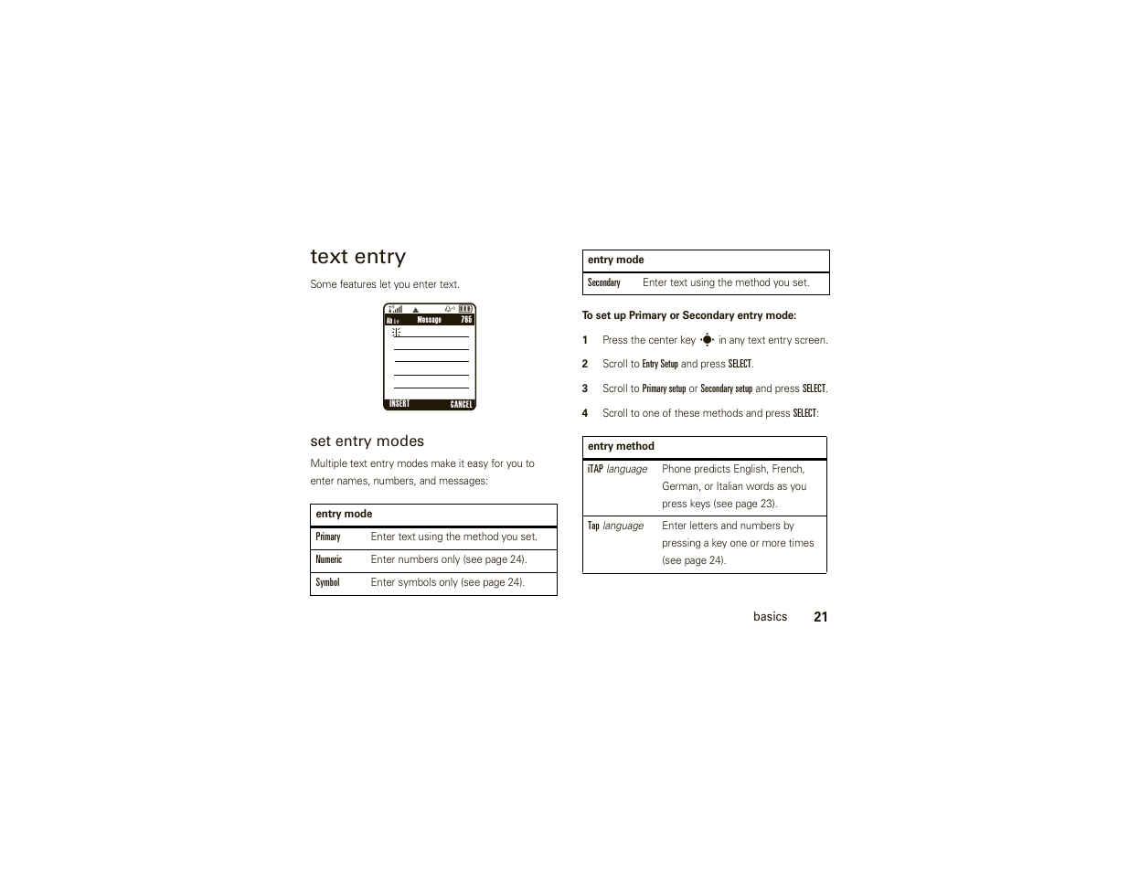 Text entry, Set entry modes | Motorola W377G User Manual | Page 23 / 88