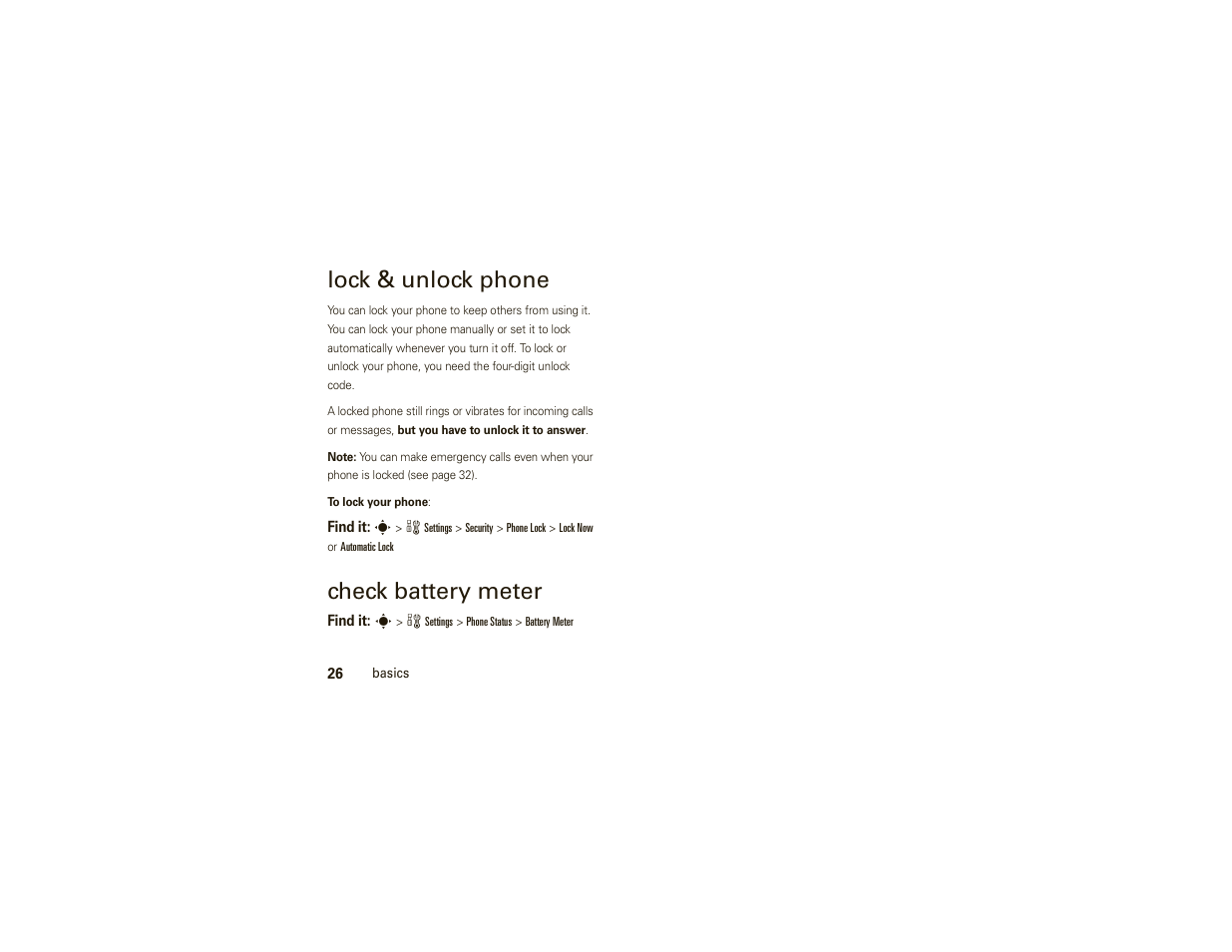 Lock & unlock phone, Check battery meter | Motorola W377G User Manual | Page 28 / 88