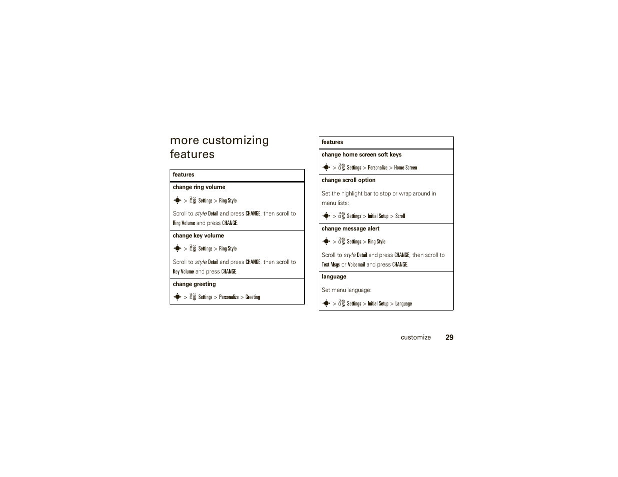 More customizing features | Motorola W377G User Manual | Page 31 / 88