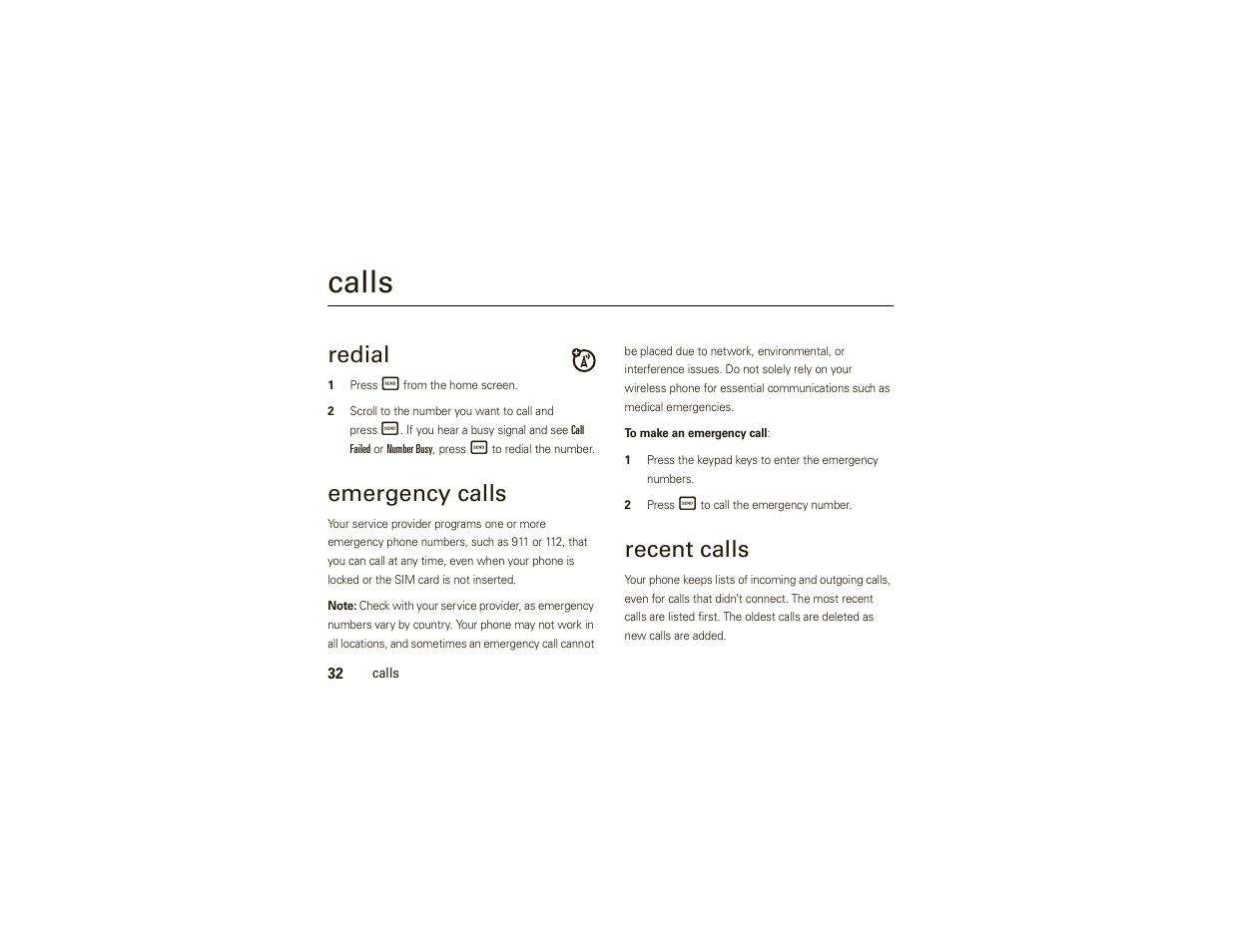 Calls, Redial, Emergency calls | Recent calls | Motorola W377G User Manual | Page 34 / 88