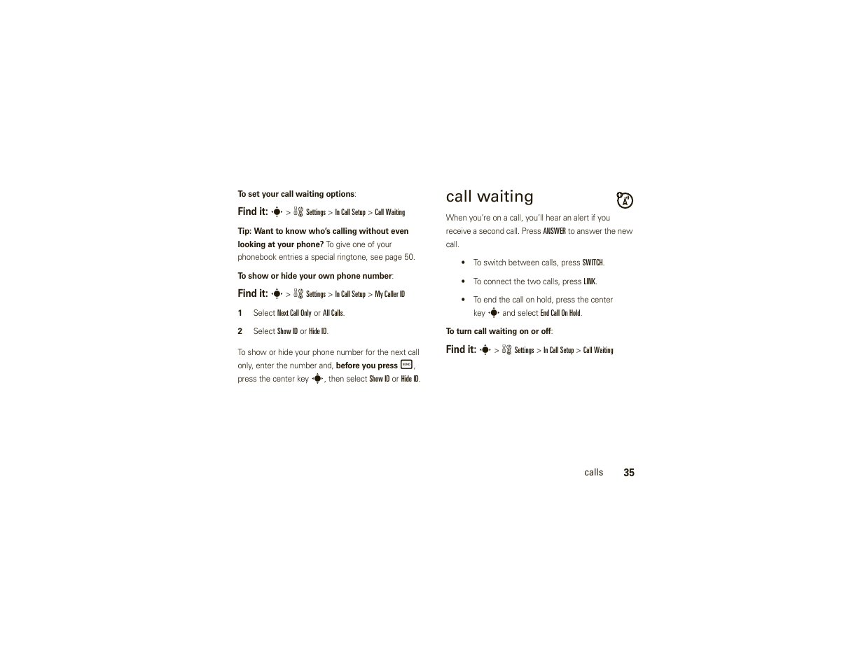 Call waiting | Motorola W377G User Manual | Page 37 / 88