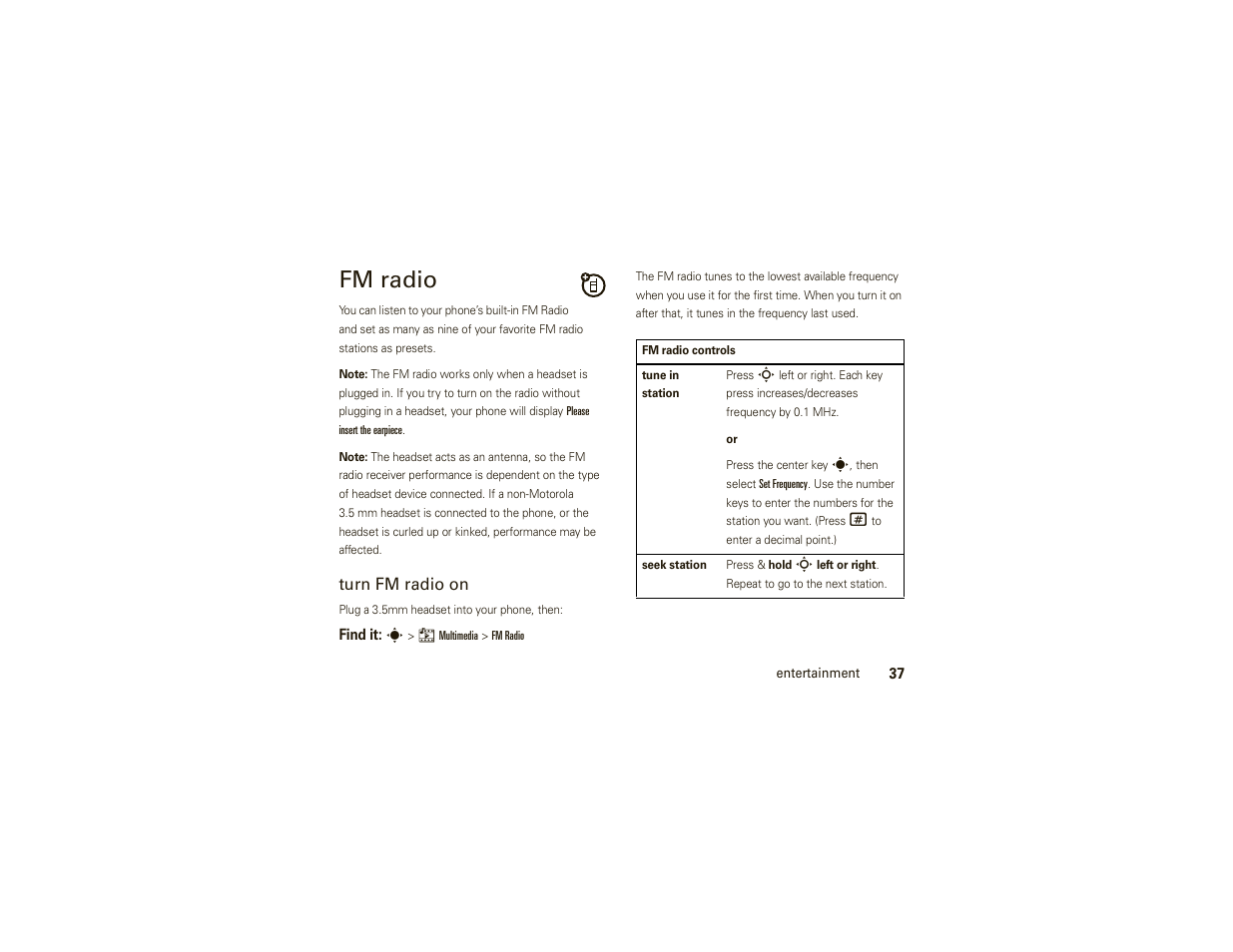 Fm radio | Motorola W377G User Manual | Page 39 / 88