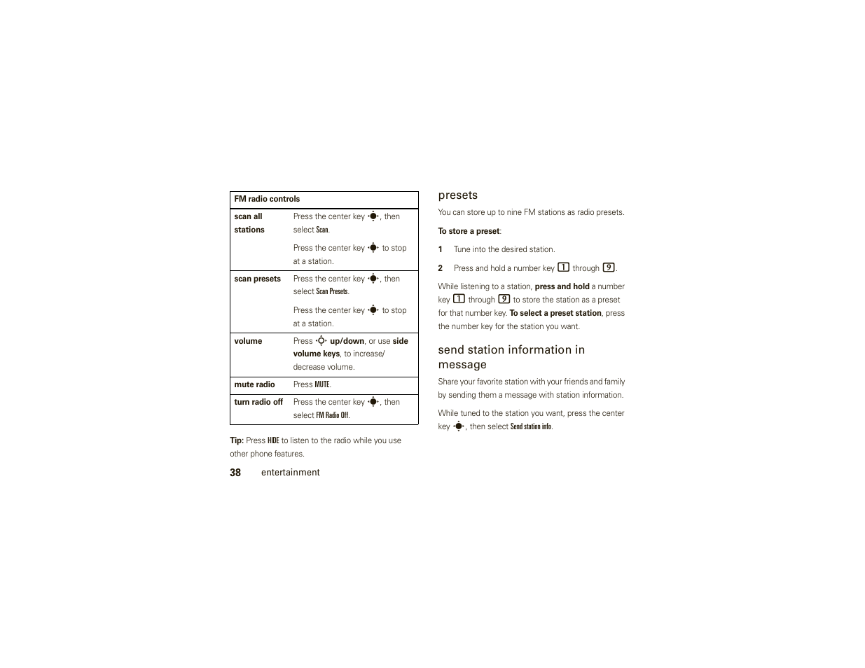 Presets, Send station information in message | Motorola W377G User Manual | Page 40 / 88