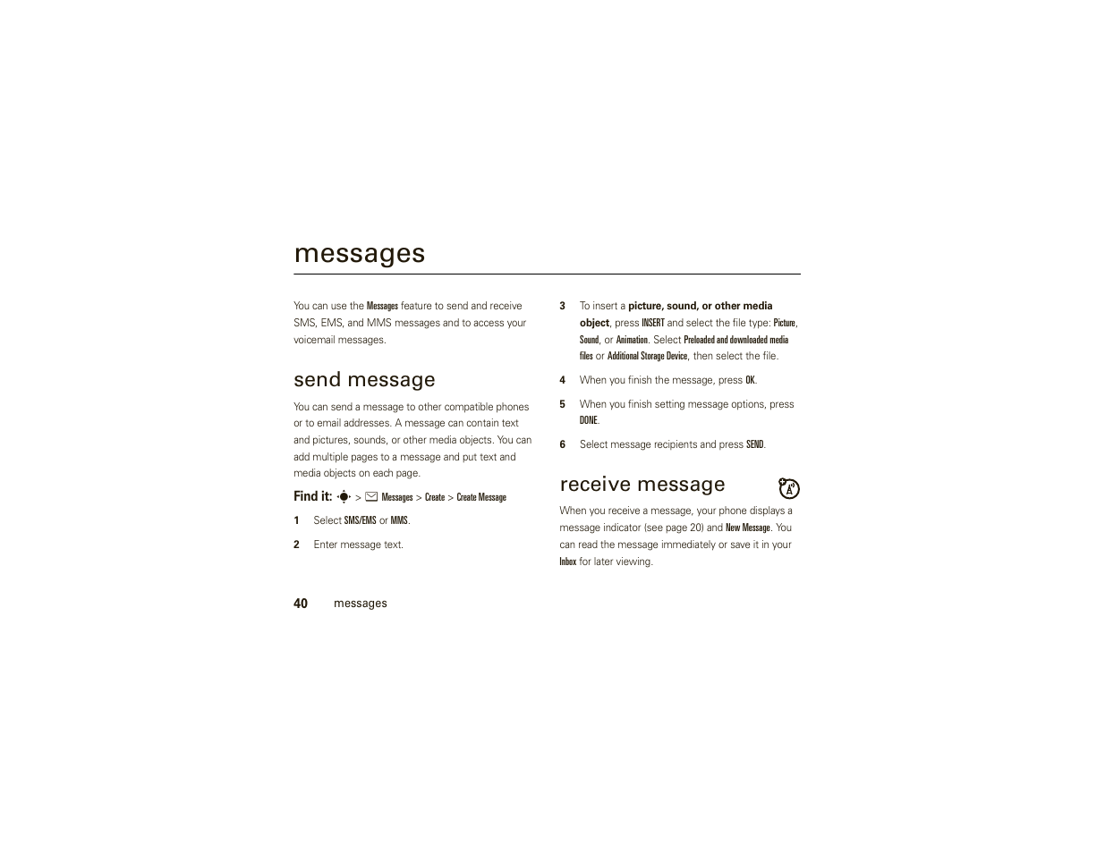 Messages, Send message, Receive message | Motorola W377G User Manual | Page 42 / 88